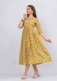Sanganeri print rayon kameez womens long length dress printed with yellow flowers