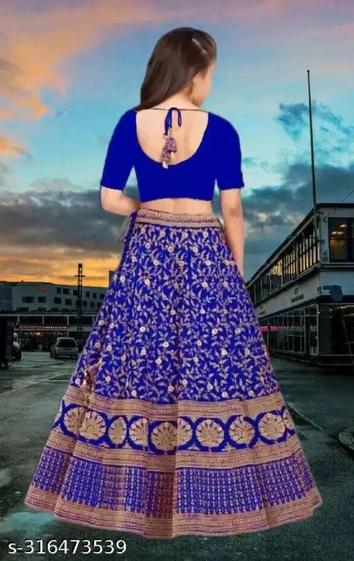 Girls blue satin embroidered Lehenga Choli set for parties, suitable for 3-15 years, free size