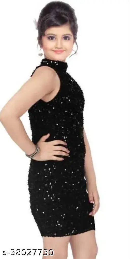 Girl's black nylon frock, fitted sleeves, knee length