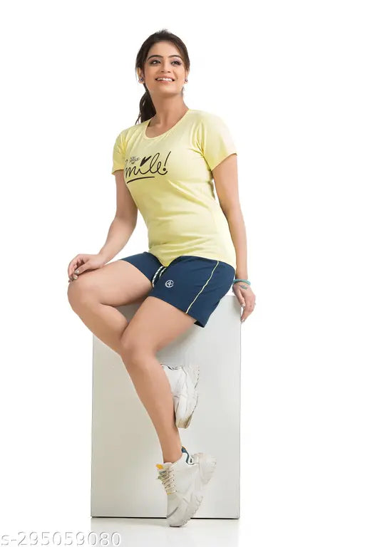 Cotton blended womens/girls top & shorts set, solid color, mid-rise, breathable & stretchable fabric for daily wear or active use