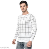 Vimal Jonney men's cotton blend long sleeve white windowpane checks t-shirt, printed pattern, size M (38in chest, 27.5in length)