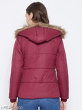 Maroon polyester women's parka jacket, solid design, quilted with polyfill and detachable faux fur hood, features 3 pockets (inside & outside)