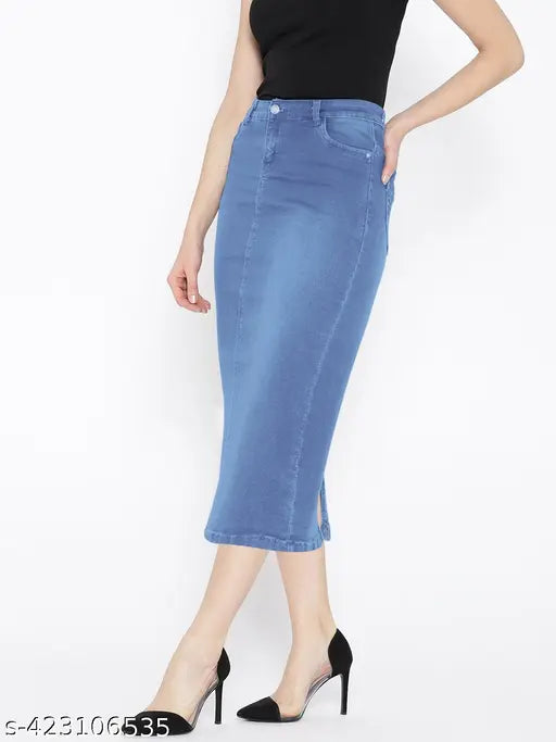 Cotton blend dyed/washed long denim stretchable skirt, available in sizes 28, 30, 32, 34 (waist: 28in-40in, length: 30in, hip: 34in-40in). Indian made