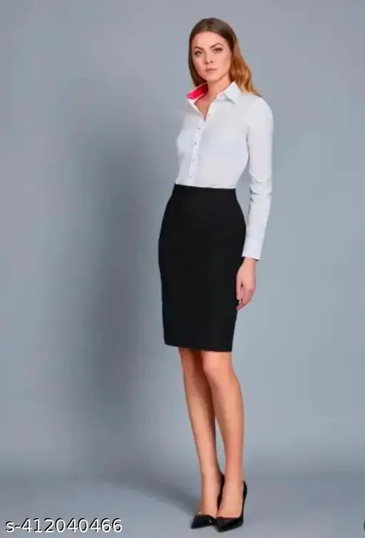 Womens knee-length black and white pinstripe skirt with zip front closure