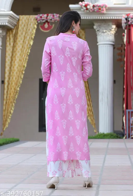 Pink rayon fabric printed kameez with coordinating palso set