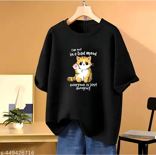 Black cotton oversized t-shirt, women's long printed t-shirt, girls extra-long graphic t-shirt