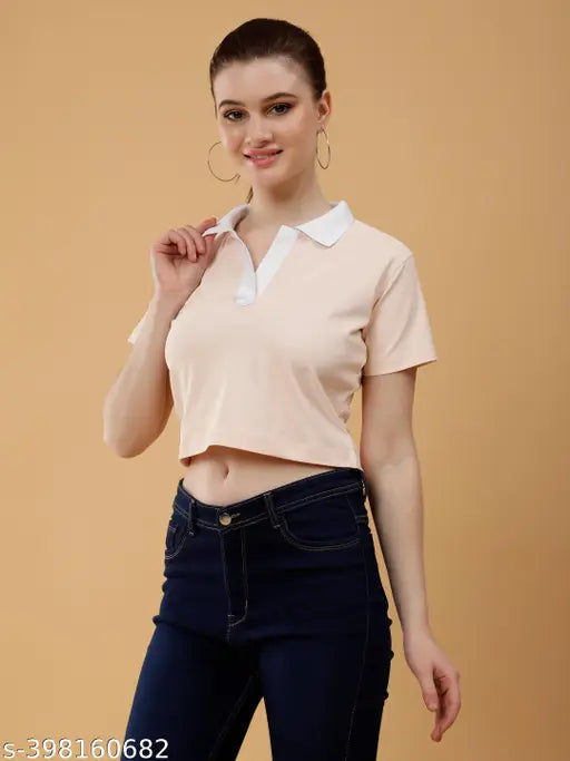 Solid polycotton half-sleeves crop top polo t-shirt for women, XS to XL sizes available