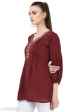 Maroon rayon embroidery top, three-quarter sleeves, SAAKAA women's fashion on mannequin, India origin