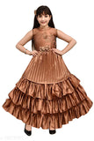 Brown silk blend sleeveless embroidered net frock for girls, single pack. 3-4 years, 4-5 years (bust size: 24in, length size: 34in) size available. Made in India