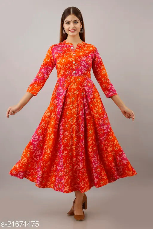 Red and gold rayon ankle length kurta for women, long sleeve
