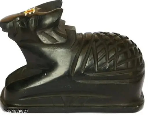 Handcrafted black poly resin Shivling Nandi Idol, 25 inch height & 35 inch length, intricately hand-painted with tilak. Attractive addition for puja room or gifting, made in India
