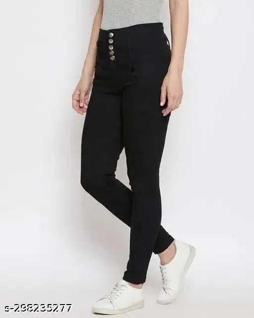 Black cotton blend girls' jeans jeggings - Solid, high waist, party wear, available in sizes 24, 26, 28, 30, 32 (India)