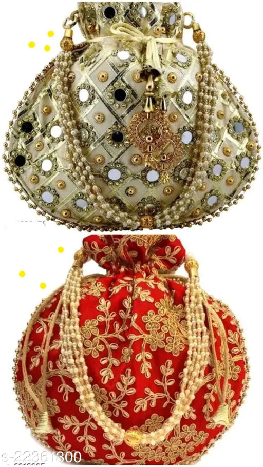 Multicolor ethnic women's fabric net Potlis (2pc), Indian handcrafted folk accessory