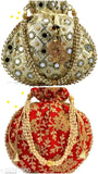Multicolor ethnic women's fabric net Potlis (2pc), Indian handcrafted folk accessory