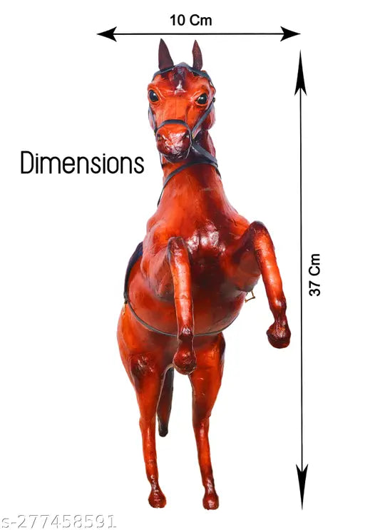 Brown leather rearing horse decorative showpiece, handcrafted by VMSK HandiCraft, measures 12" x 37 cm x 25 cm