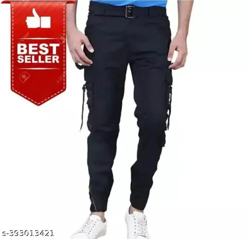 Black cotton blend cargo jeans by Flaying Men FYDD for men, size 28/30/32/34