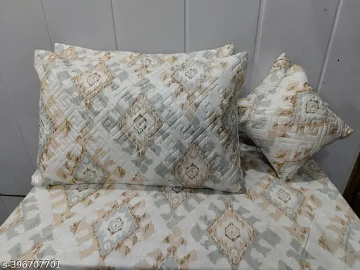 Premium soft feel 5pc bedsheet set (1King size Bedsheet + 2 Pillow Covers with Embroidery+ 2 Cushion Cover with Embroidery with filler) Heavy Quality Multicolor five piece set