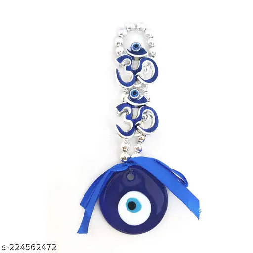 Blue Evil Eye crystal Vastu Nazar Suraksha wall hanging with silver beads, handmade Feng Shui showpiece for car or office, brings good luck, protection, and positive vibes, Indian origin