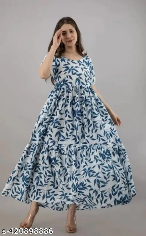 Blue Rayon Short Sleeve Blue Kurti Dress, printed floral design, Indian craftsmanship