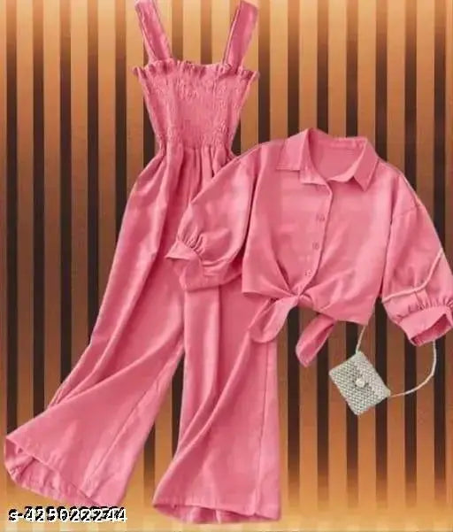 Trendy polyester crepe 2pc jumpsuit for girls in solid color, stylish and unique