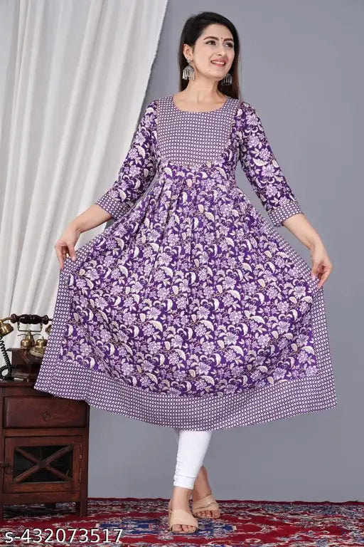 Rayon Naira Cut Kurti for Women/Girls, printed combo with three-quarter sleeves, JaipurFashionHub Procin design on a model