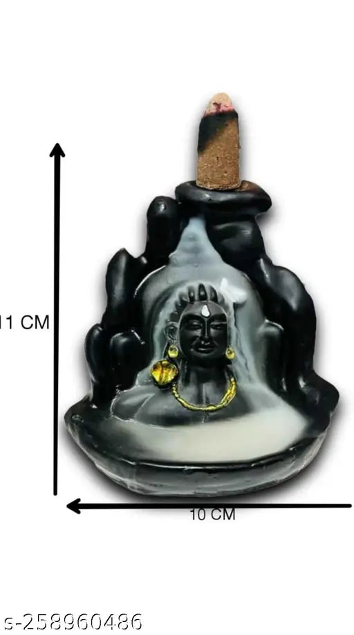 Black polyresin Shiv Shankara incense burner, intricately carved Adiyogi figure with backflow incense cone, creates smoky waterfall illusion, Indian handcrafted decorative showpiece