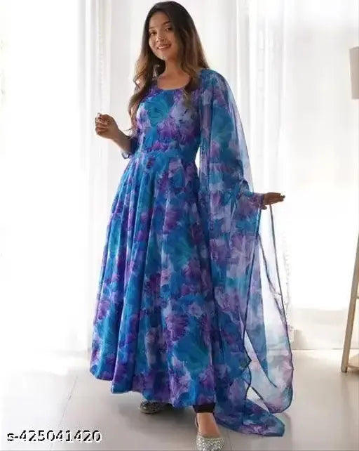 Georgette printed net women's gown with three-quarter sleeves, fashionable attire from India