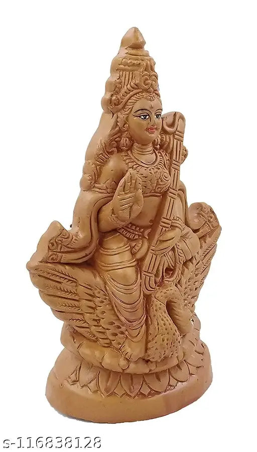 Handmade ceramic Saraswati statue with veena, exquisite home decor or temple item, Indian spiritual artistry
