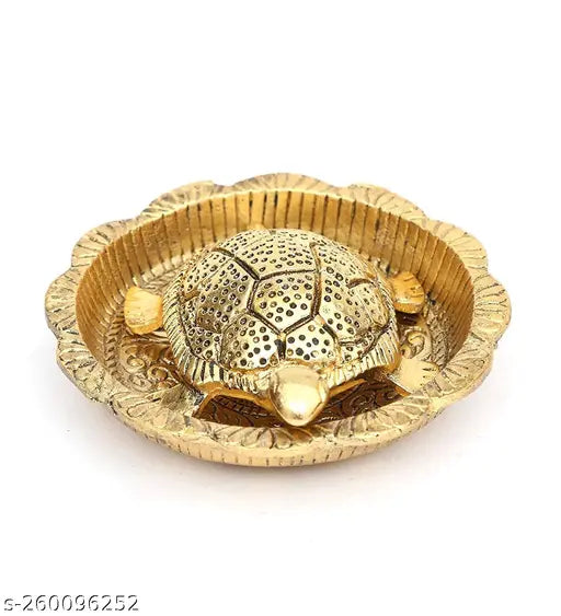 Metal gold tortoise plate decor showpiece for feng shui, home, temple, office, gifting - 45cm length, 13cm breadth. Symbolizing luck, love, happiness, and prosperity. Indian-made