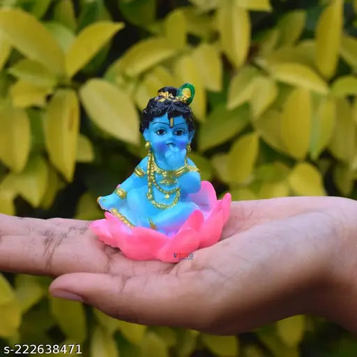 Polyresin Baby Lotus Krishna Statue for Car/Home, Indian religious showpiece featuring Lord Krishna Makhan Chor