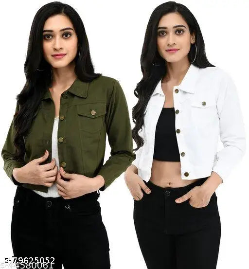 Green and white cotton blend women's jacket pack of 2, stylish solid pattern long sleeves for women's wardrobe