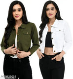 Green and white cotton blend women's jacket pack of 2, stylish solid pattern long sleeves for women's wardrobe