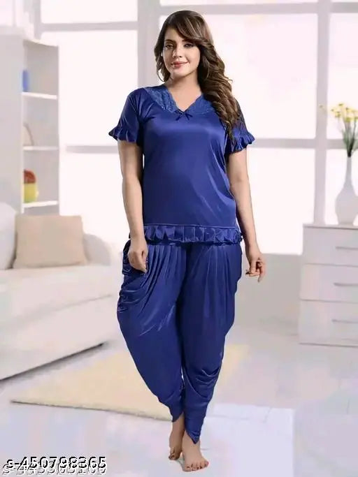 Satin Solid Women's Night Suit Set (Top & Dhoti), sleeveless, free size, made in India