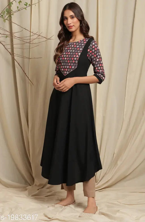 Black poly crepe women's kurta, midi length, flared bottom