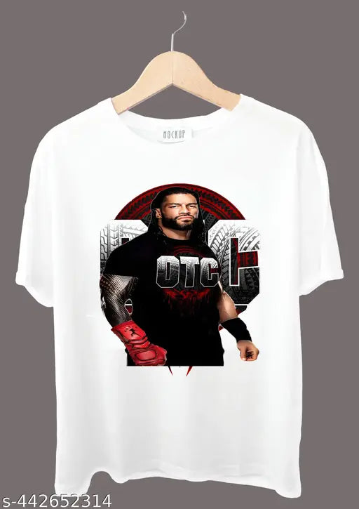 White OTC Level Above Roman Reign polyester t-shirt with short sleeves, printed net pattern. (XS: Chest 34in, Length 25in)