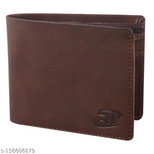 Tan faux leather men's wallet with unique design, durable structure, and three compartments
