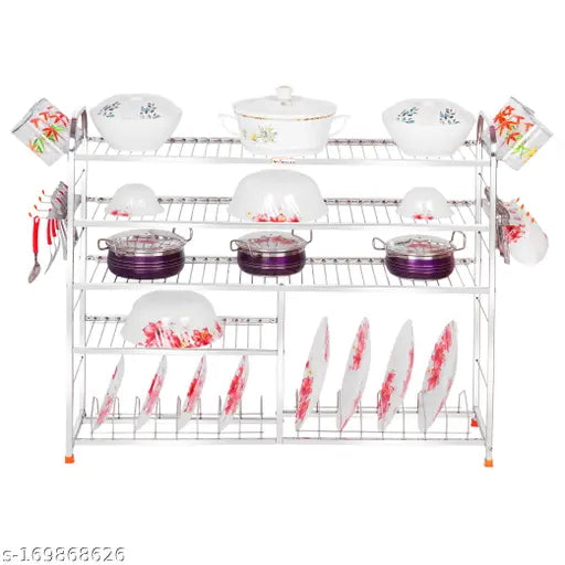 Stainless steel wall-mounted 5-shelf kitchen rack with plates and cutlery storage, modular design for lower two shelves