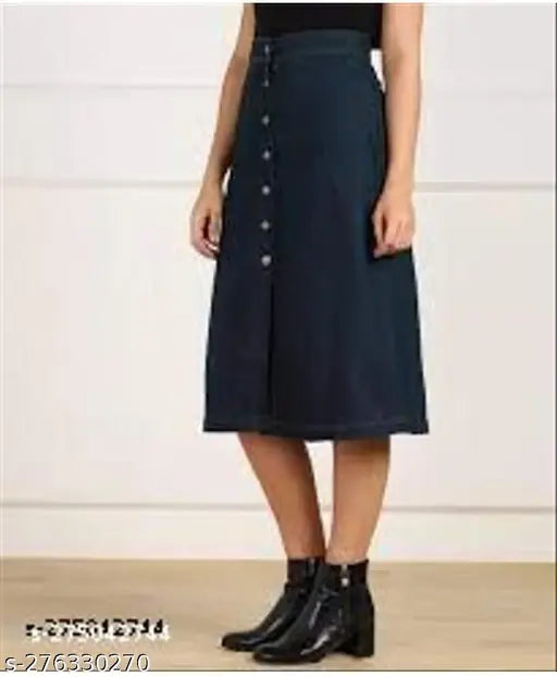 Dark blue denim skirt, solid pattern, women's clothing item, size options include 26", 28", and 30