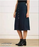 Dark blue denim skirt, solid pattern, women's clothing item, size options include 26", 28", and 30