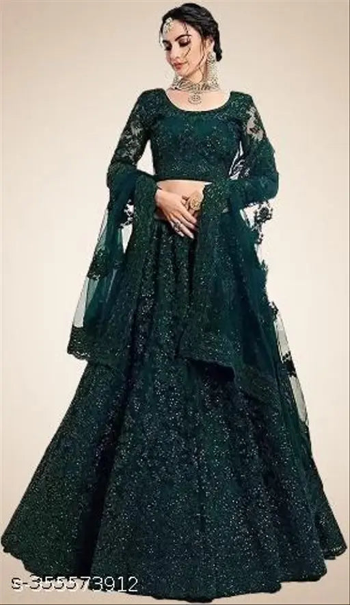 Embroidered net lehenga choli and dupatta set, semi-stitched with 44m waist, 42m length, and 2.2m dupatta, Indian craftsmanship