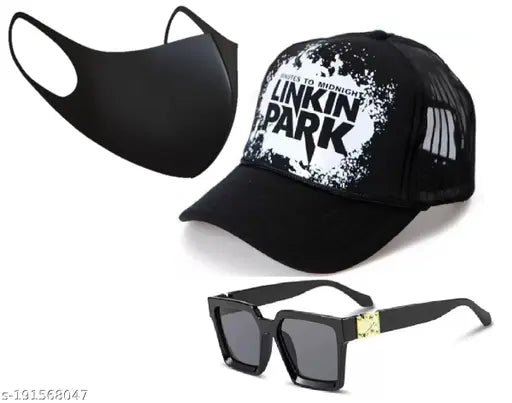 Best Linkin Park printed lycra cap combo with Badshah style sunglasses and LED band, 3-pack for boys and girls, featuring music-themed accessories on display stand