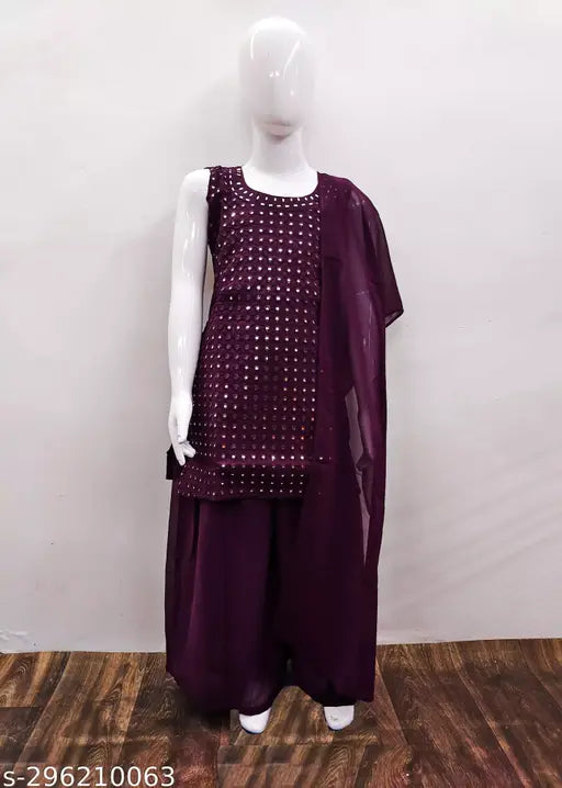 Girls festive party Kurta Pyjama Dupatta set, embellished Georgette in vibrant colors for kids' celebrations (size: 2-13 years)