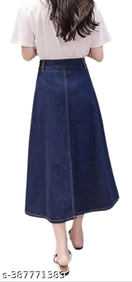Navy Blue Buttoned A-Line Maxi Denim Skirt - Lightweight & breathable denim for women's fashion, adjustable waist, trendy design, home washable. (Size options: 26-46, Indian origin)