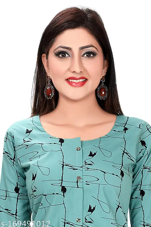 Mint green cotton abstract print long kurti with front slit and 3/4th sleeves, soft and comfortable Indian fashion