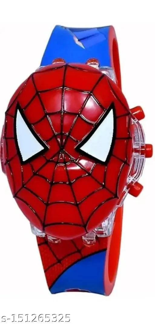 Spider-Man face watch with red band, blue digital display, and music feature