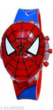 Spider-Man face watch with red band, blue digital display, and music feature