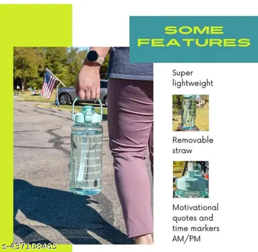 Transparent pink motivational water bottle with time marker, durable & leak-proof, ideal for gym use with straw attachment (India)