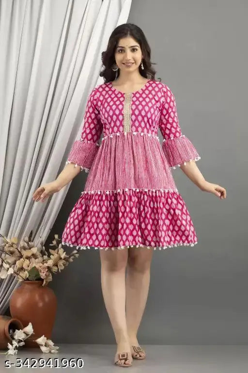 Pink viscose rayon dress with new style, printed combo, three-quarter sleeves. Women's size S to XXL for comfortable wear at home, office, or festive occasions. Machine and hand washable