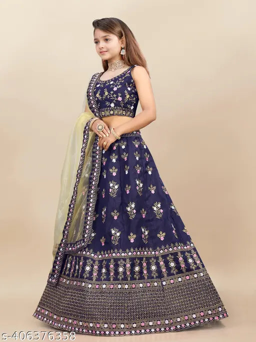 Semi-stitched blue silk Lehenga Choli & net dupatta with embroidery for girls aged 3-12 years, Indian wedding wear and party fashion