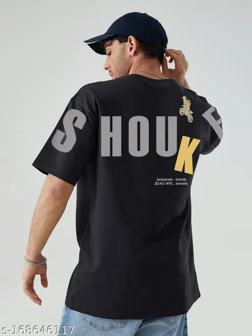 Black oversize cotton 3/4 sleeve printed round neck men's t-shirt from Jump Cuts, minimalistic fashion for casual outfits
